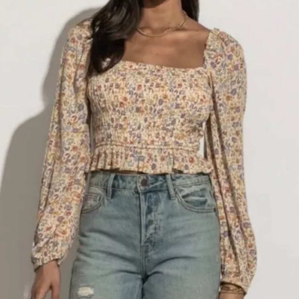 Böhme Smocked Floral Long Sleeve Crop Top